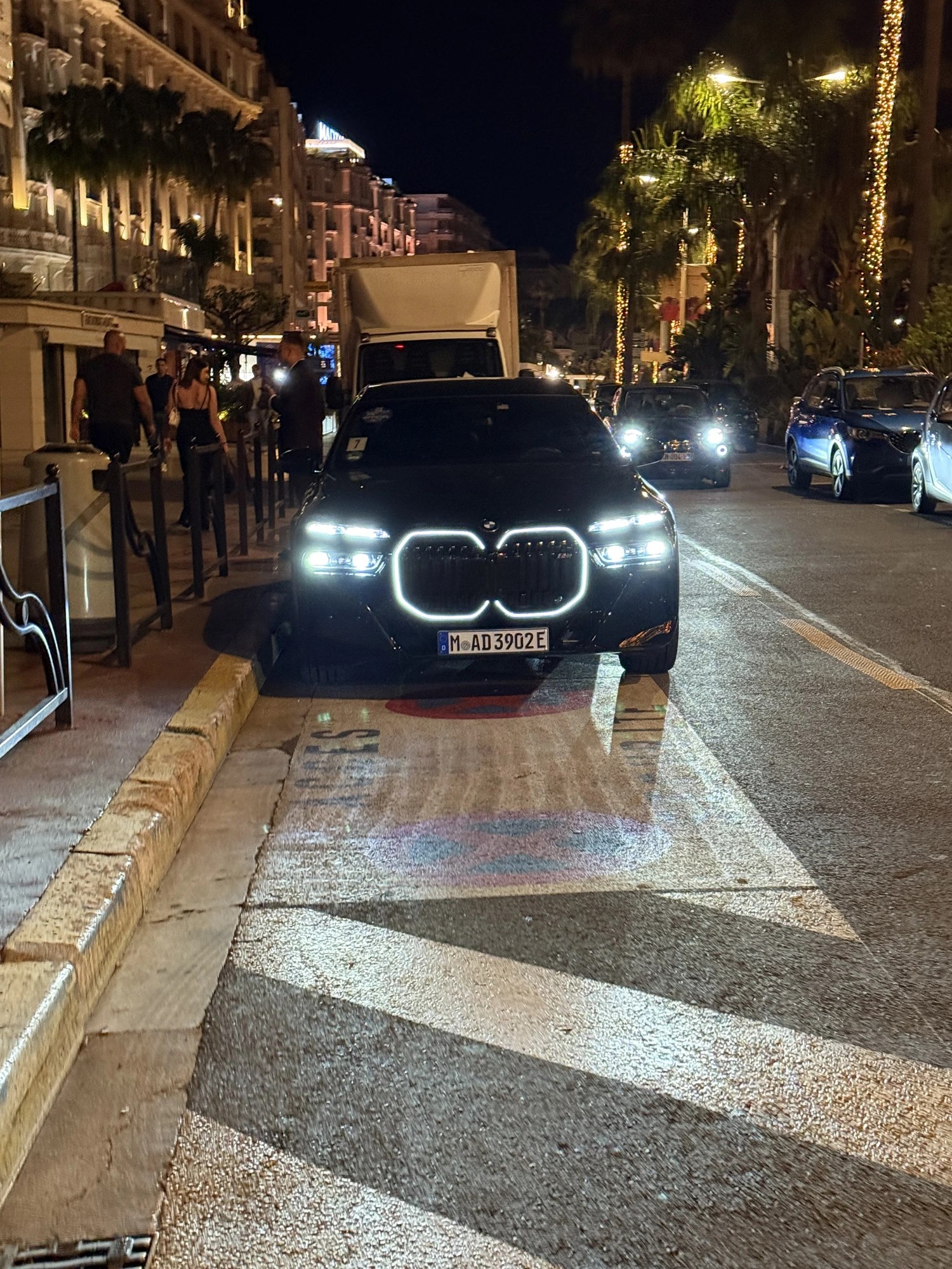 A festival night on the Croisette — our BMW waiting for its passengers